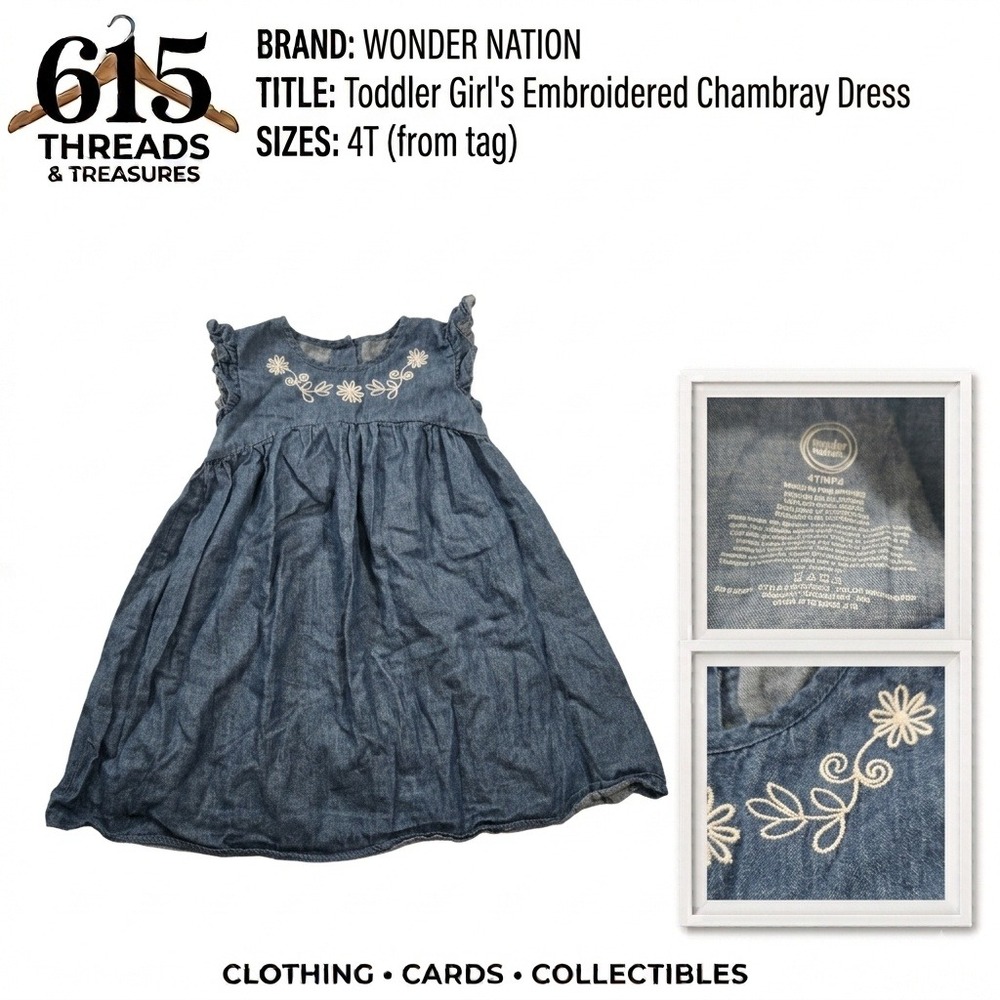 Wonder Nation Toddler Girls Embroidered Chambray Dress Blue 4T WTG19053